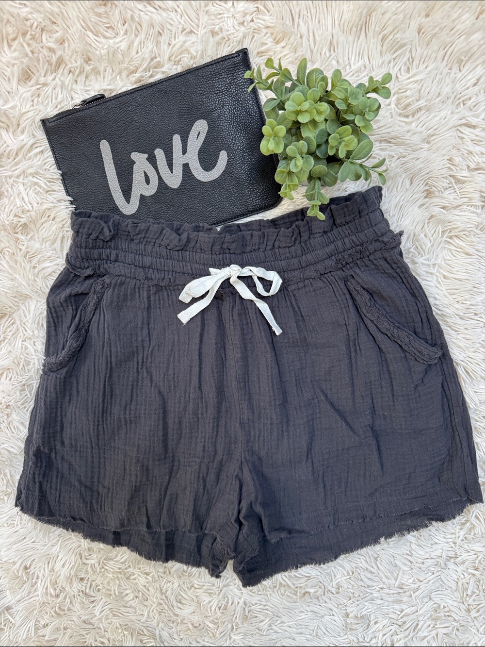 Zenana Drawstring Cotton Gauze Shorts 💗 Charcoal Gray